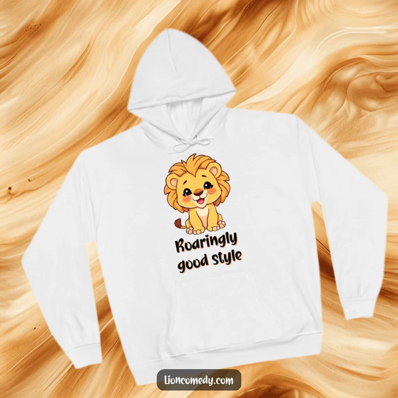 Funny Hoodie depicting a confident lion cub with a proud mane sticking its chest out, radiating pure joy and playfulness.