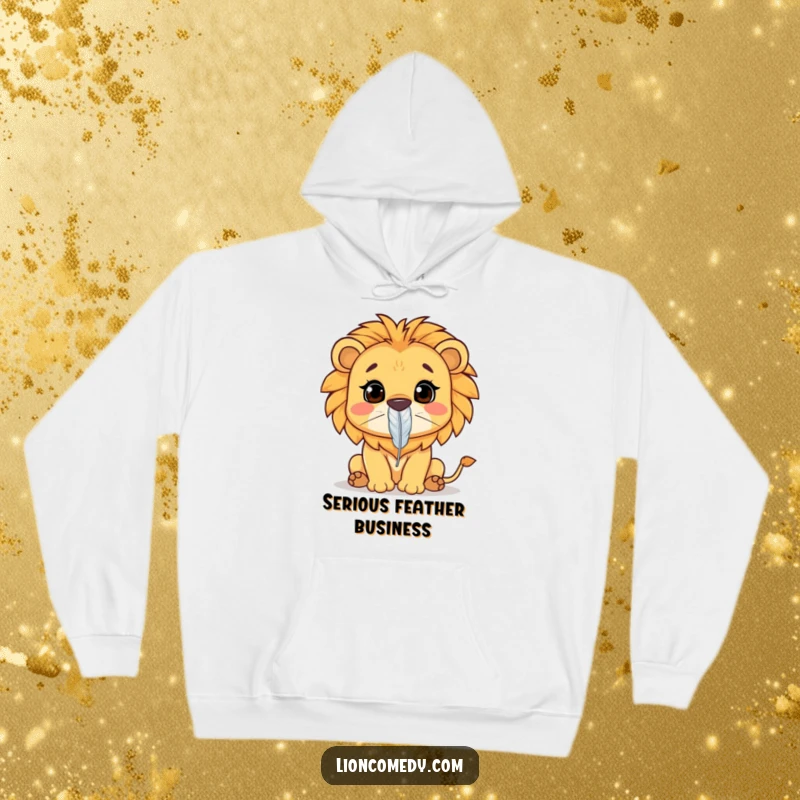 Funny Kawaii lion hoodie showing a lion intently balancing a feather on its nose. Warm and humorous.