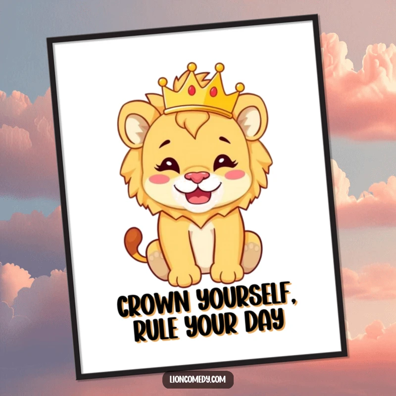 Funny Free Printable Wall Art of a lion cub with a silly grin, balancing a tiny, sparkling crown on its head with royal charm.