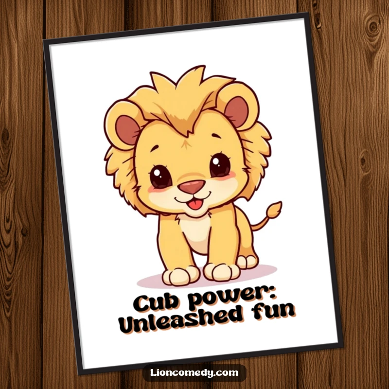 Funny Free Printable Wall Art of an energetic kawaii lion cub with a fluffy mane, captured in a dynamic, playful pounce.
