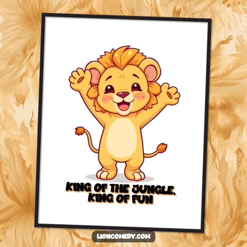 Hilarious Free Printable Wall Art of a joyful lion cub with arms raised, captured mid-dance in a moment of pure celebration.