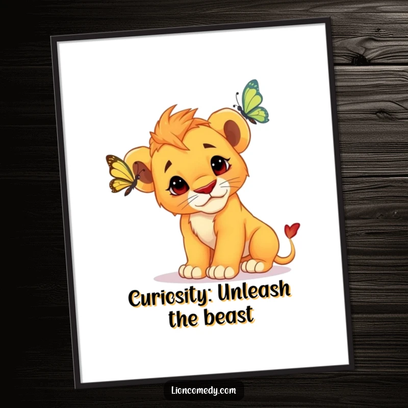Funny Free Printable wall art of a curious lion cub with big eyes, tilting its head at a fluttering butterfly.