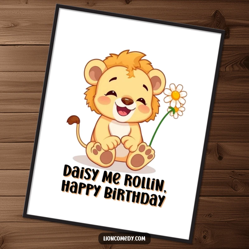 Funny Free Printable wall art of a delighted lion cub wiggling its toes, with a daisy tickling its paws.
