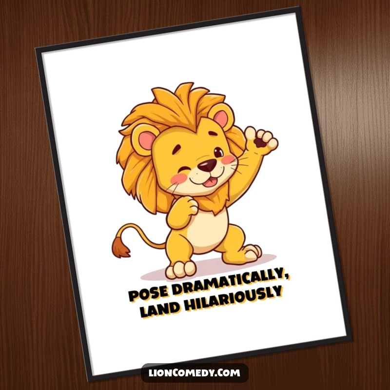 Funny Free Printable Wall Art: Kawaii lion striking a grand dramatic pose only to hilariously trip over its own feet.