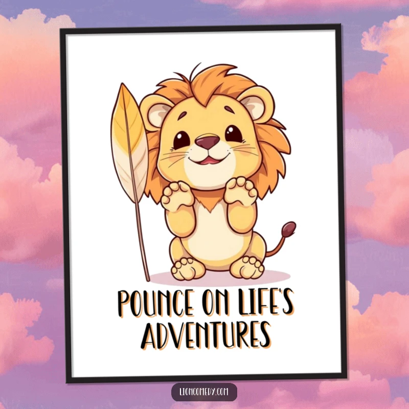 Funny free printable wall art of a cute lion cub with paws up, playfully ready to pounce on a floating feather.