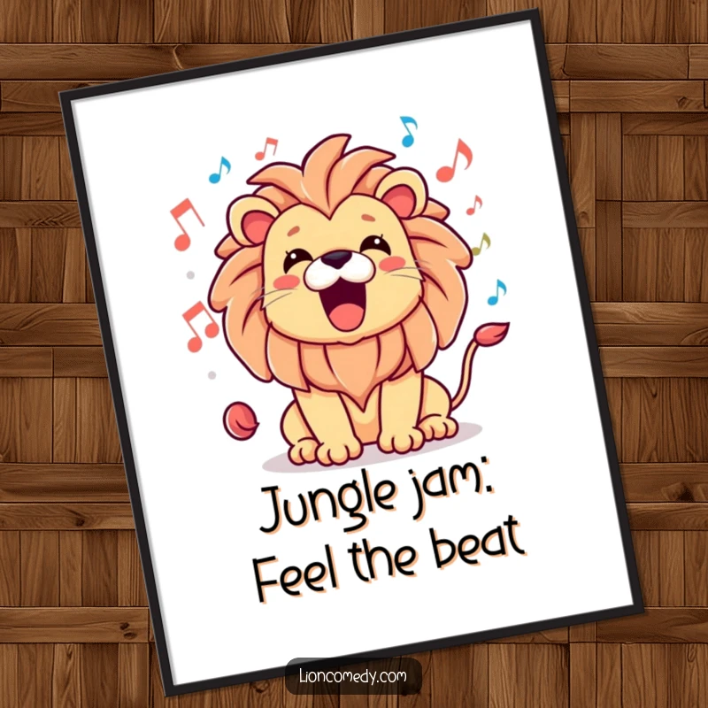 Funny Free Printable Wall Art depicting a kawaii lion letting out a wide, happy roar, with musical notes swirling around it.