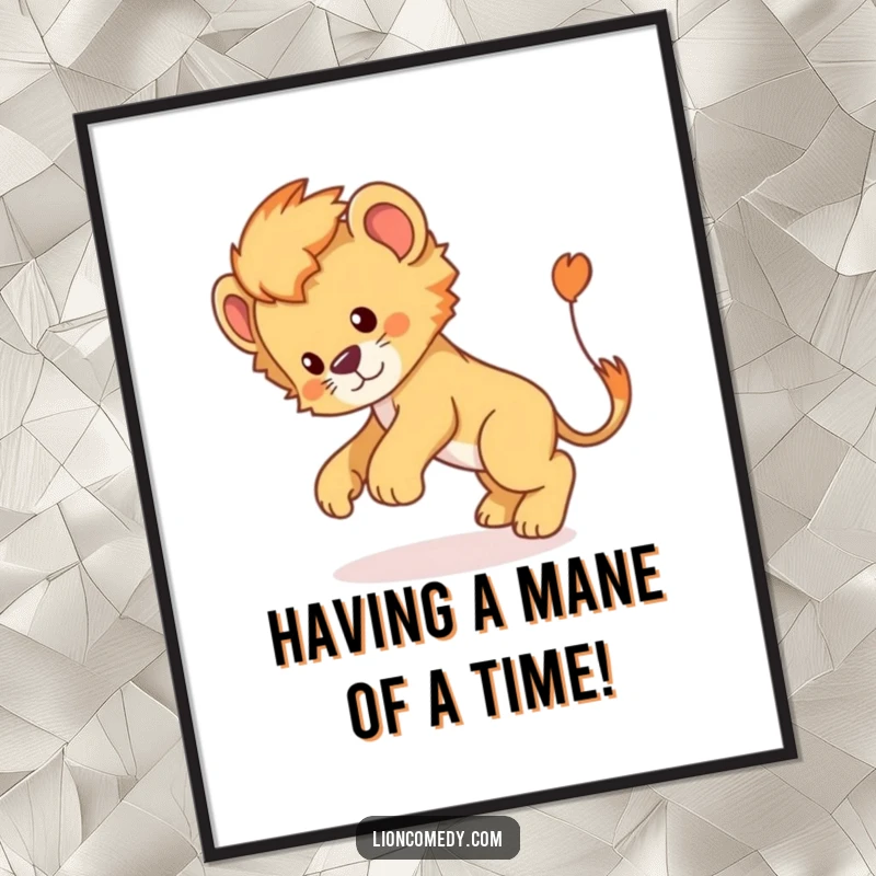 Free Printable Wall Art: Lion cub playfully chasing its tail in a circle, a fun and energetic downloadable art piece.