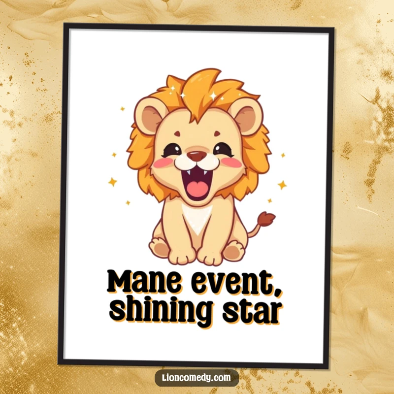 Funny Free Printable Wall Art: A roaring lion cub with a mane shimmering with tiny stars and magical sparkles.