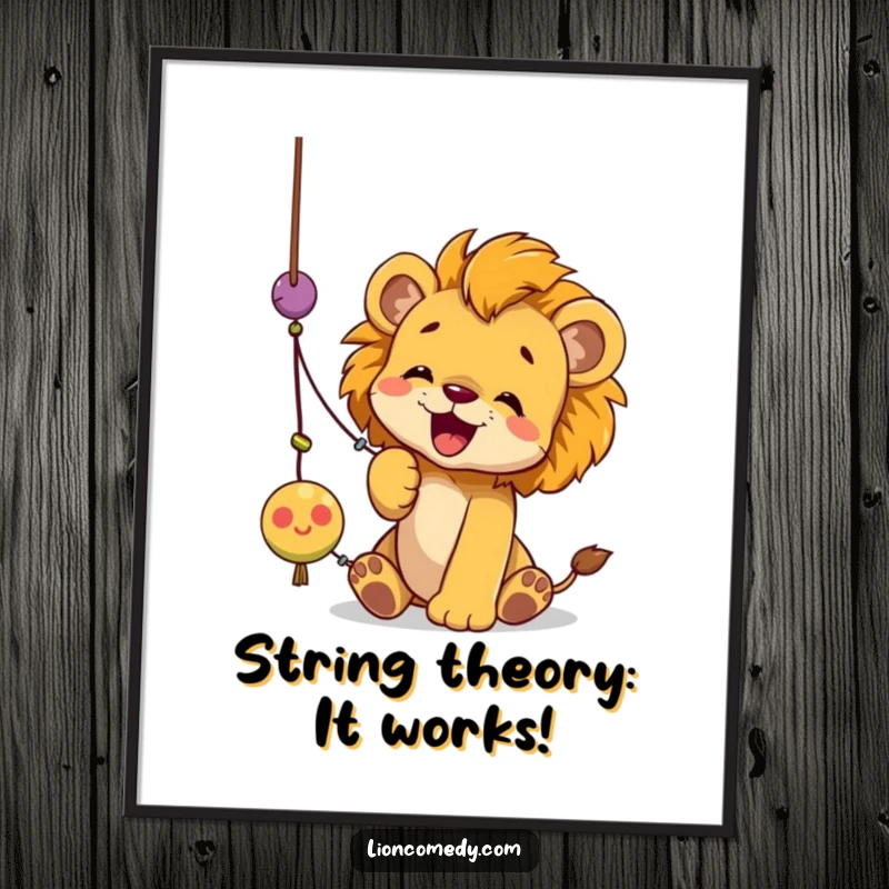 Funny Free Printable Wall Art showing a delightful lion cub in mid-action, playfully batting at a dangling string toy.
