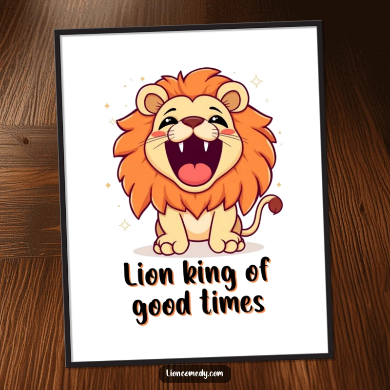 Funny Free Printable Wall Art: Ecstatic kawaii lion roaring joyfully, surrounded by dazzling sparkles, a downloadable piece of happy art.