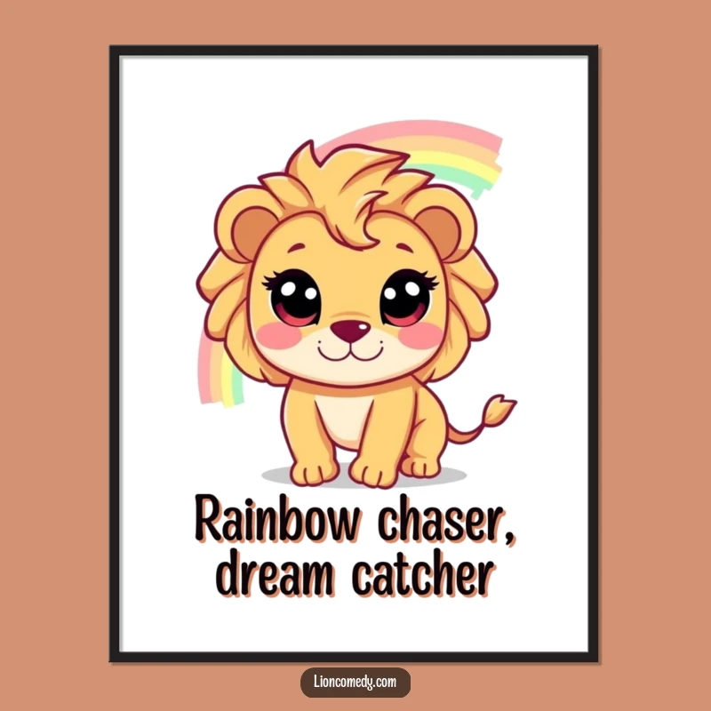 Decorate with dreams using this free printable wall art of a lion chasing a rainbow. A magical print at home addition.