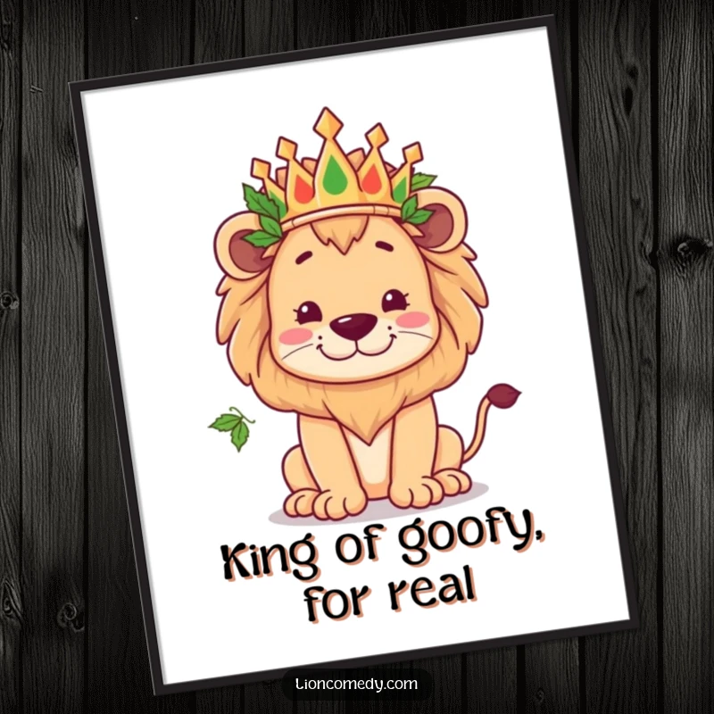 Funny Free Printable Wall Art: Kawaii Lion Wearing a Crown of Leaves, Striking a Goofy King Pose.