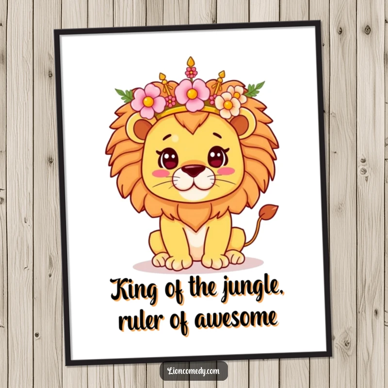 Funny Free Printable Wall Art: A proud kawaii lion balances a vibrant flower crown, exuding regal charm.