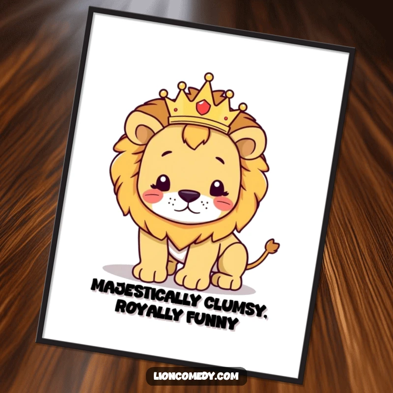 Funny Free Printable Wall Art: A regal kawaii lion with a tiny crown hilariously stumbling, showcasing imperfect royalty.
