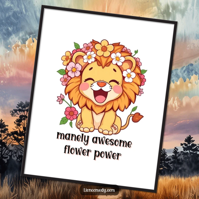 Funny Free Printable Wall Art: Kawaii Lion Cub with a Mane Full of Flowers, Roaring with Joy.