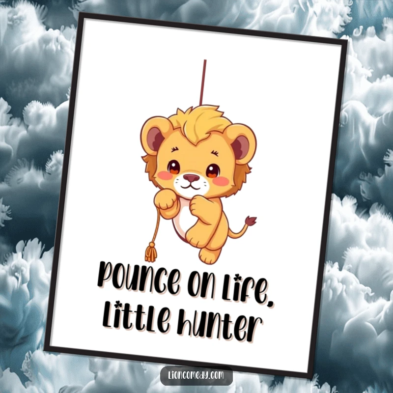 Funny Free Printable Wall Art: Adorable kawaii lion cub in a dynamic pose, playfully pouncing on an unseen string, bursting with joy.