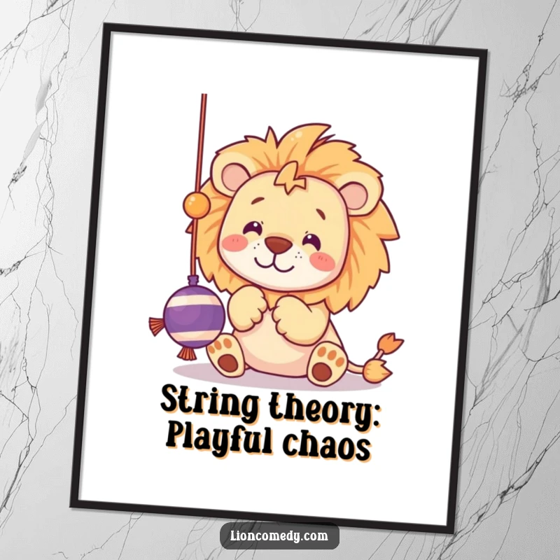 Funny Free Printable Wall Art of a kawaii lion with playful paws, actively batting at a dangling string toy, full of fun.