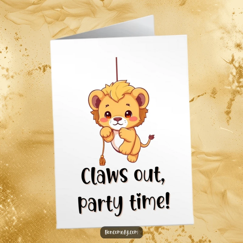 Funny Free Printable Birthday Card: Adorable kawaii lion cub excitedly pouncing on a dangling string, full of playful energy.