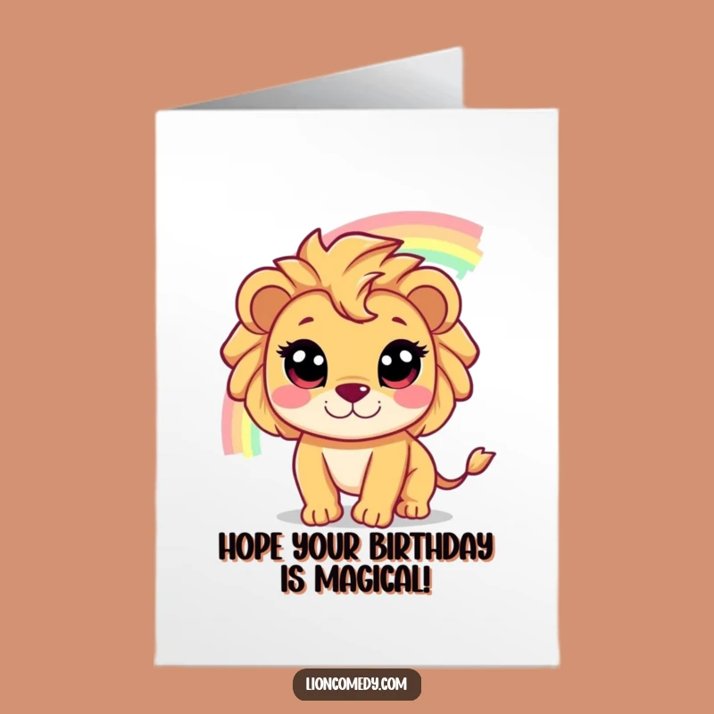 Wish someone a magical birthday with this free printable card featuring a wide-eyed lion chasing a rainbow. Simple print at home fun.