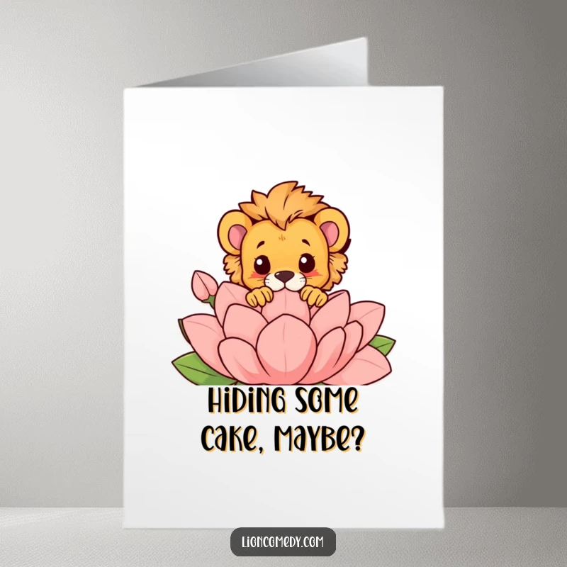 Funny Free Printable Birthday Card: A cute lion cub curiously peeking over a large, vibrant stylized flower.