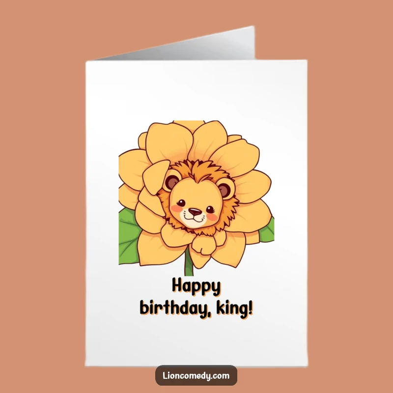 Free Printable Birthday Card: Curious Lion & Flower, Playful Downloadable Gift for Leo Fans