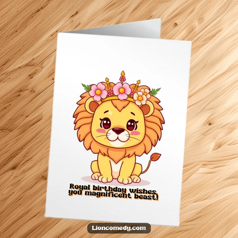 Funny Free Printable Birthday Card: Kawaii lion proudly balances a flower crown, ready to celebrate in style.