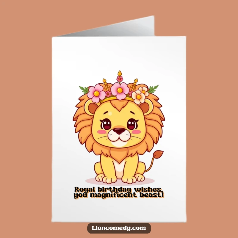 Free Printable Birthday Card: Funny Kawaii Lion Roaring with Flower Crown Joy