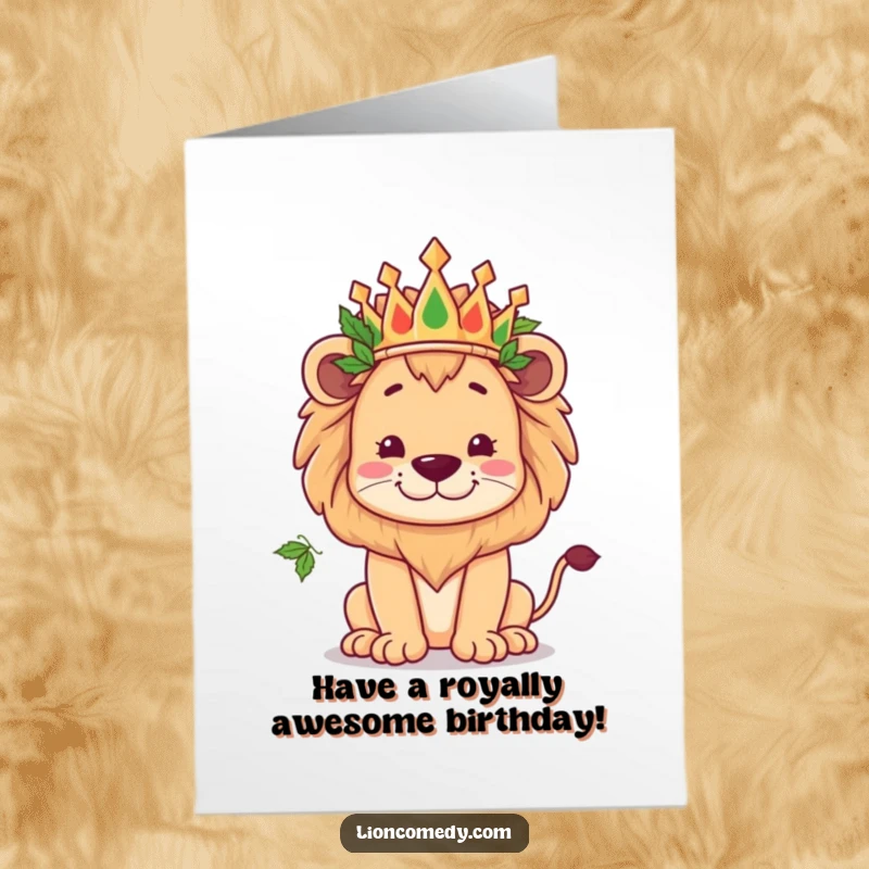 Funny Free Printable Birthday Card: Kawaii Lion in Leaf Crown, Goofy King Pose.