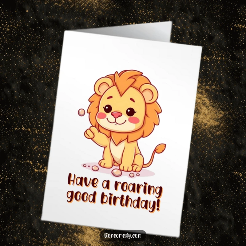 Funny Free Printable Birthday Card: Kawaii Lion Tilting Head, Juggling Shiny Pebbles.