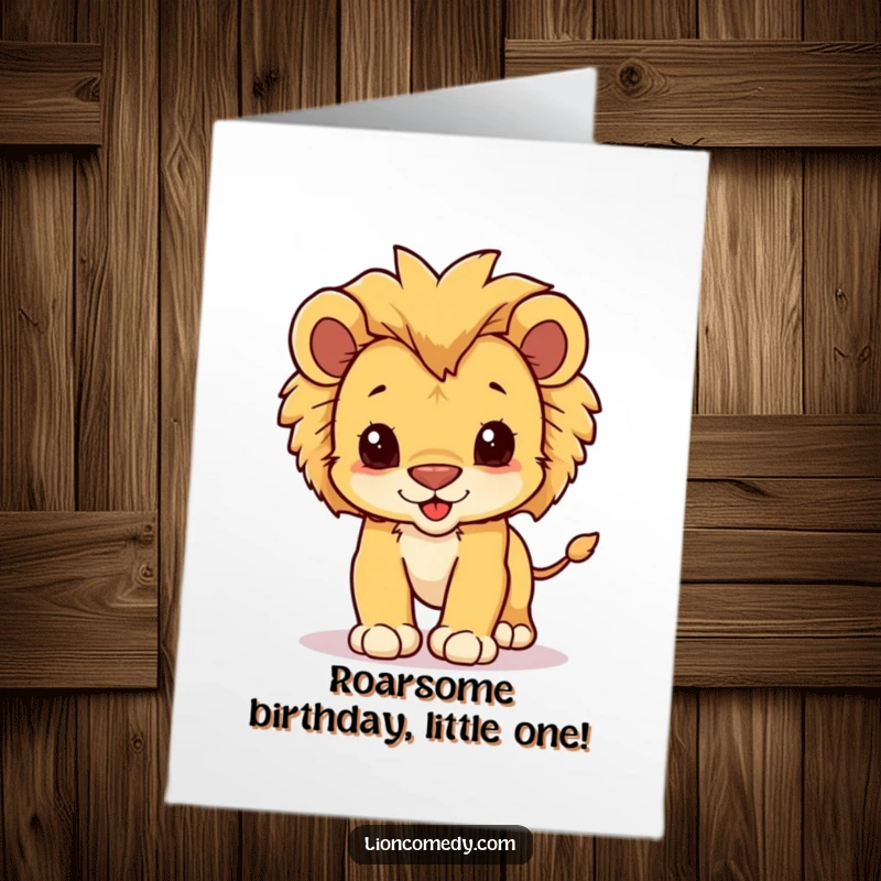 Funny Free Printable Birthday Card feat. a kawaii lion cub with a fluffy mane, captured mid-playful pounce, ready to celebrate.