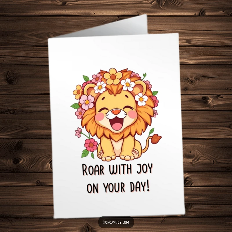 Funny Free Printable Birthday Card: A Kawaii Lion Cub with a Flower-Filled Mane, Roaring Happily.
