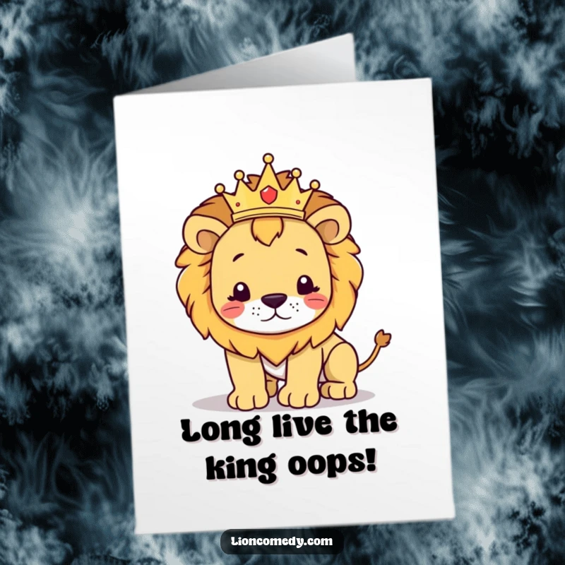Funny Free Printable Birthday Card: Regal kawaii lion with a crown hilariously stumbling, capturing a moment of royal imperfection.