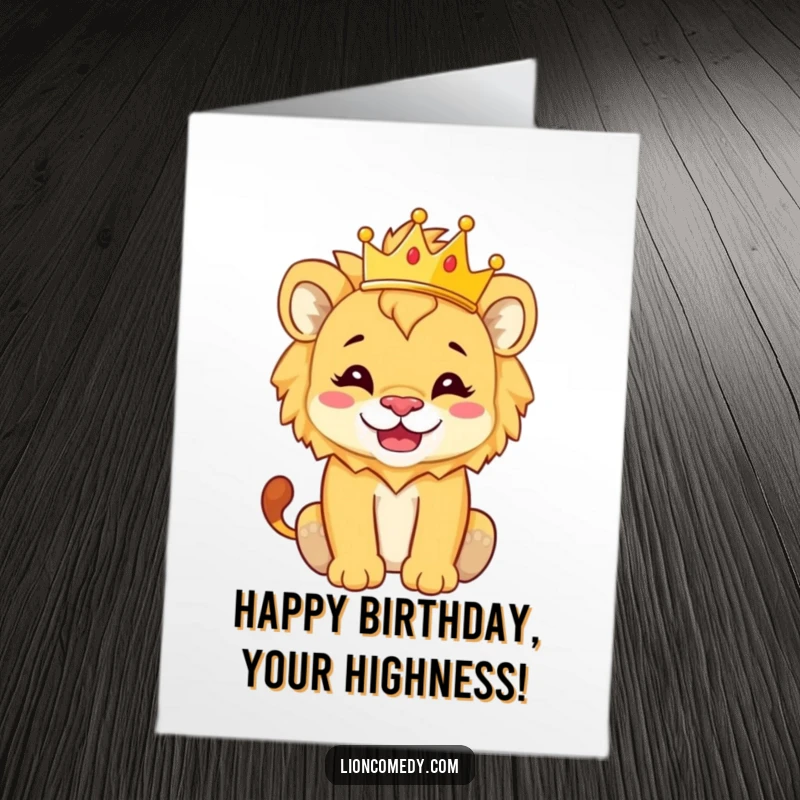 Funny Free Printable Birthday Card featuring a lion cub with a silly grin balancing a tiny golden crown on its head, looking regal.