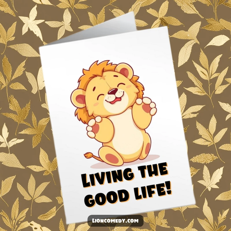 Funny Free Printable Birthday Card: A jubilant lion cub rolling joyfully with its paws up in the air.