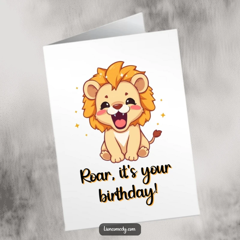 Funny Free Printable Birthday Card: A cute lion cub roaring with tiny stars and sparkles around its mane.