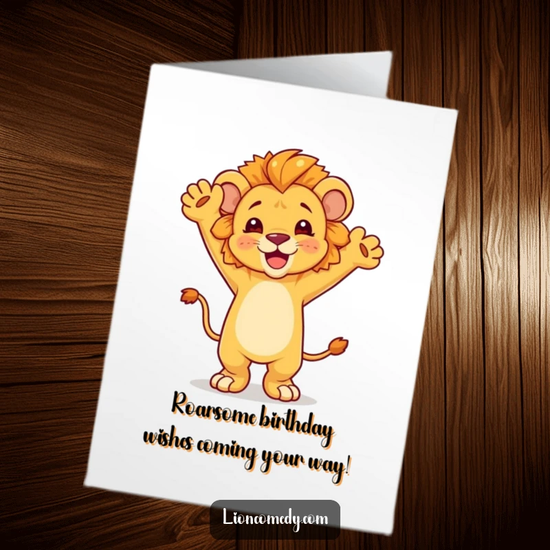 Funny Free Printable Birthday Card featuring a jubilant lion cub dancing wildly with arms raised in pure celebration.