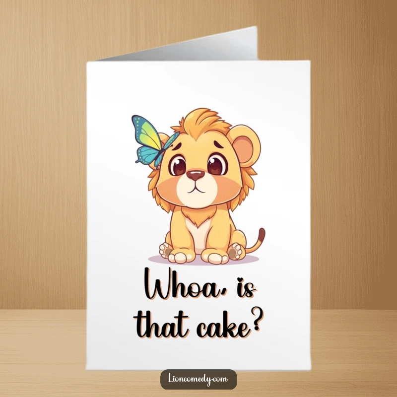 Funny Free Printable Birthday Card: Astonished lion cub with wide eyes staring at a delicate floating butterfly.