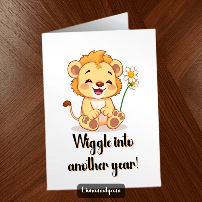 Funny Free Printable birthday card features a delighted lion cub wiggling its toes, tickled by a daisy.