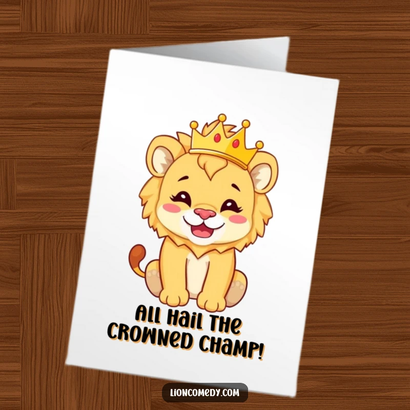 Funny Free Printable Congratulations Card of a silly-grinning lion cub proudly wearing a tiny crown, celebrating a significant win.