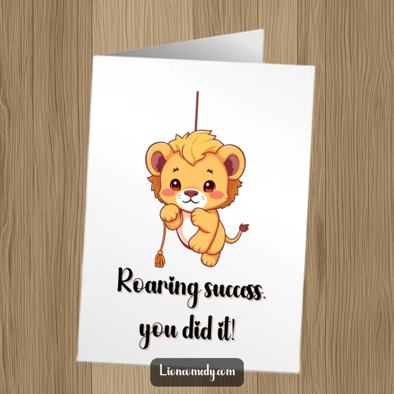Funny Free Printable Congrats Card: Energetic kawaii lion cub playfully pouncing, ready to celebrate achievements with enthusiasm.