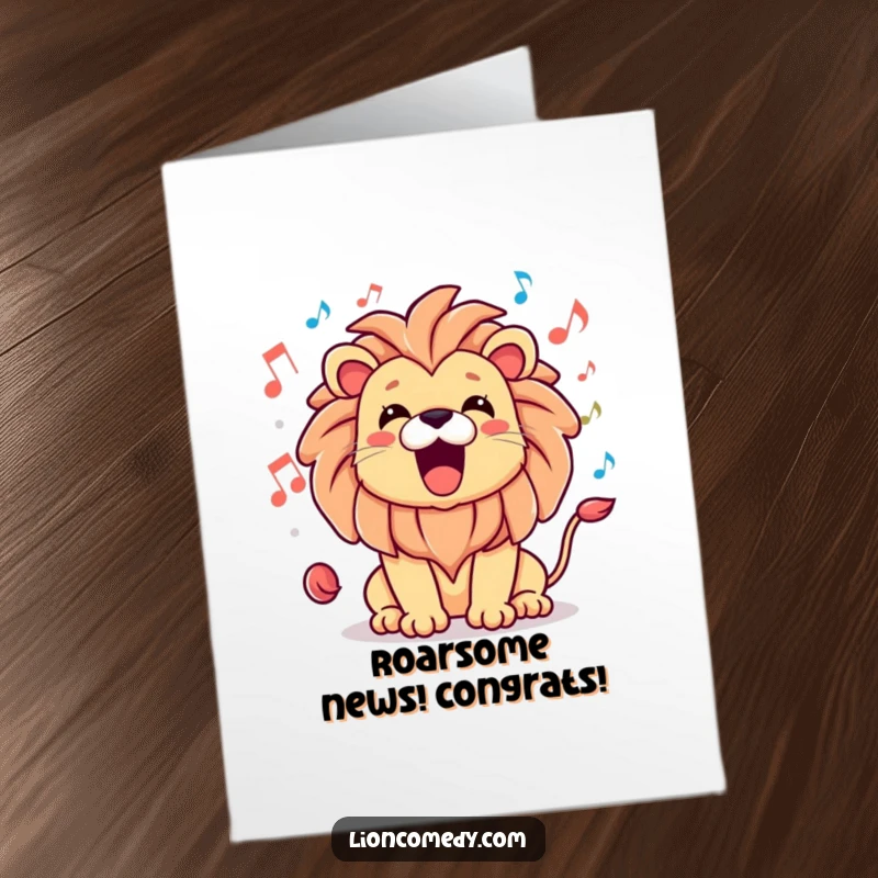Funny Free Printable Congratulations Card of a kawaii lion roaring happily, surrounded by musical notes, celebrating a huge win.