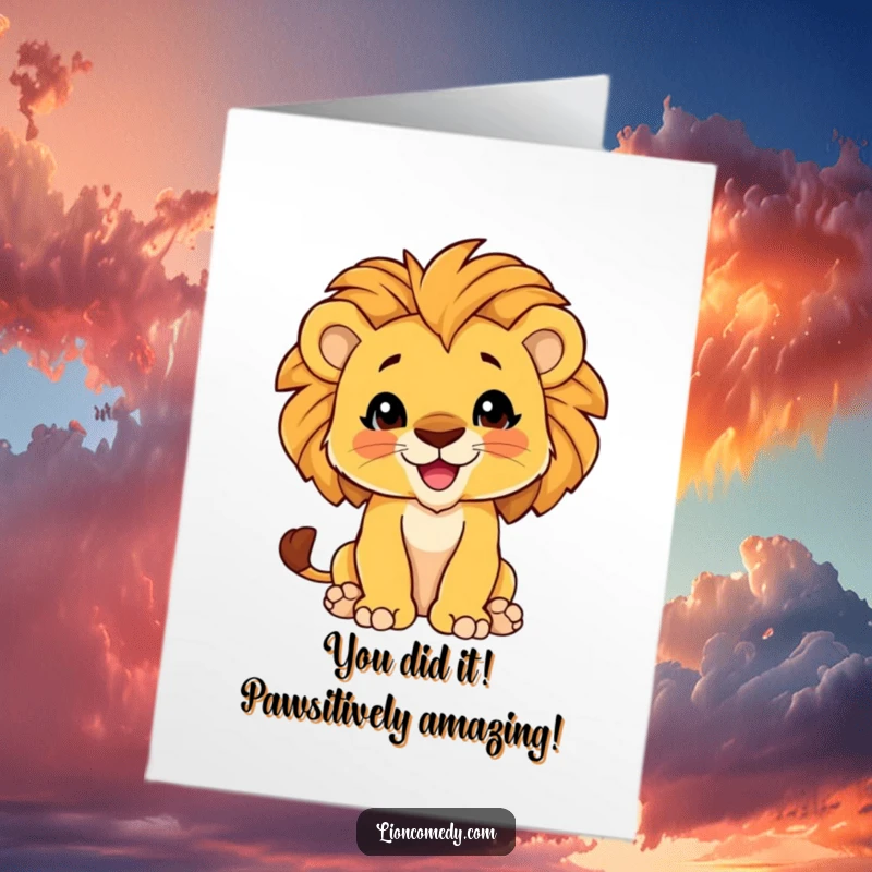 Funny Free Printable Congratulations Card showing a proud lion cub with a magnificent mane puffing out its chest, ready to cheer.