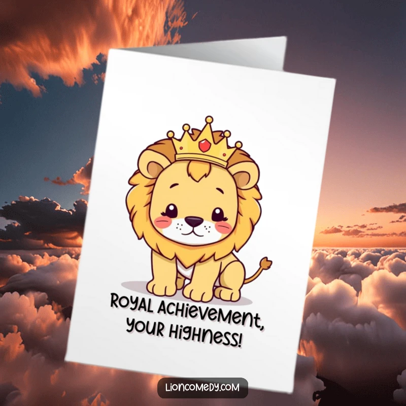 Funny Free Printable Congrats Card: A regal kawaii lion wearing a crown hilariously stumbles, perfect for celebrating wins with humor.