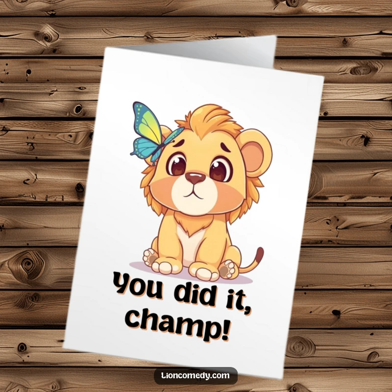 Funny Free Printable Congrats Card: Wide-eyed lion cub looking utterly surprised by unexpected good news.