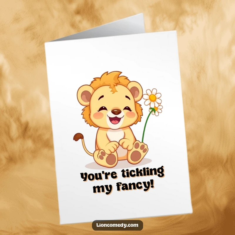Free Printable congratulations card showing a delighted lion cub wiggling its toes, finding joy in a tickling daisy.