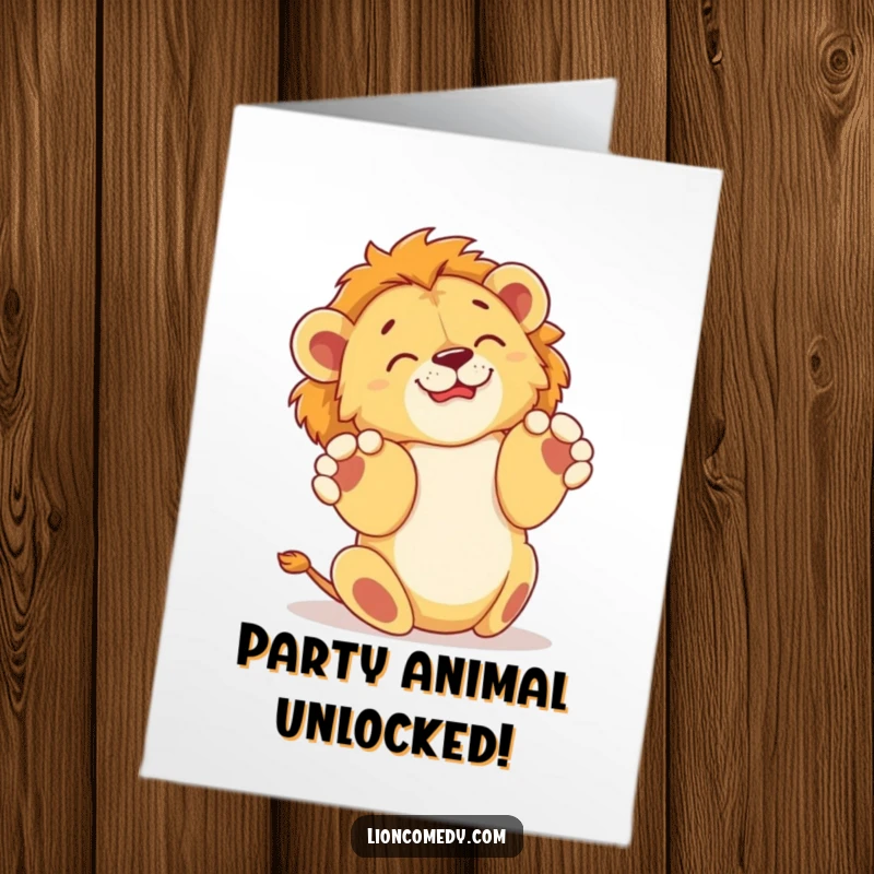Funny Free Printable Congrats Card: A lion cub in a state of pure bliss, rolling on its back.