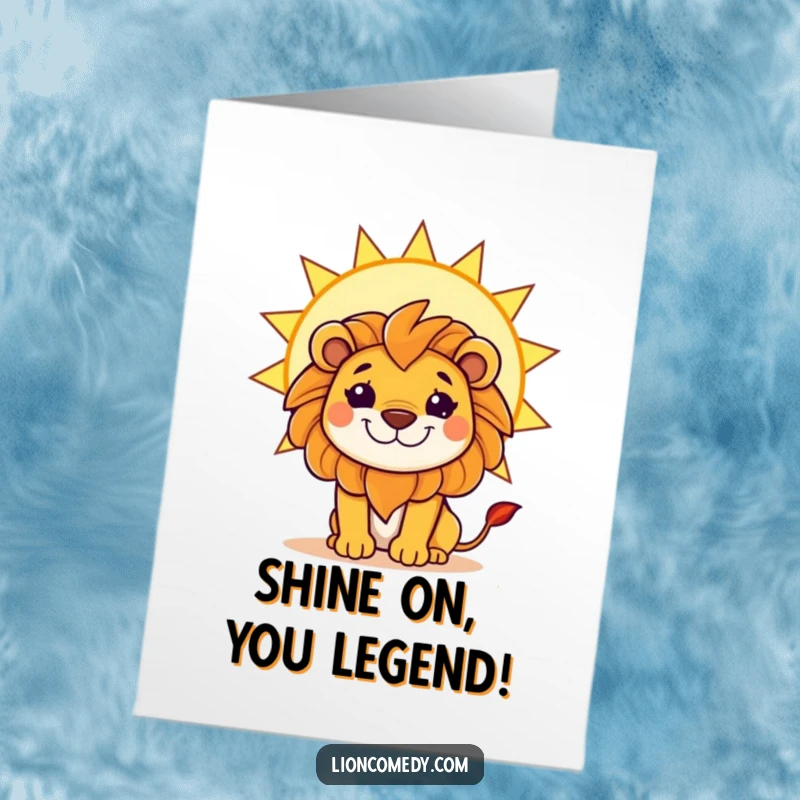 Funny Free Printable Congratulations Card of a kawaii lion with a mischievous grin, hiding playfully behind a big, bright sun.