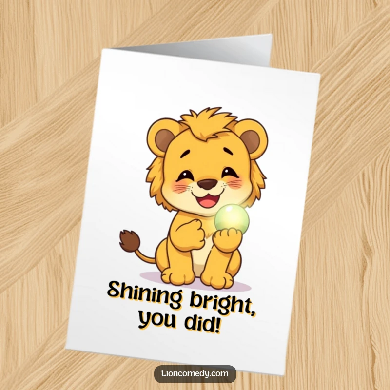 Funny Free Printable Congrats Card: A lion cub beaming with laughter, clutching a softly glowing magical orb.