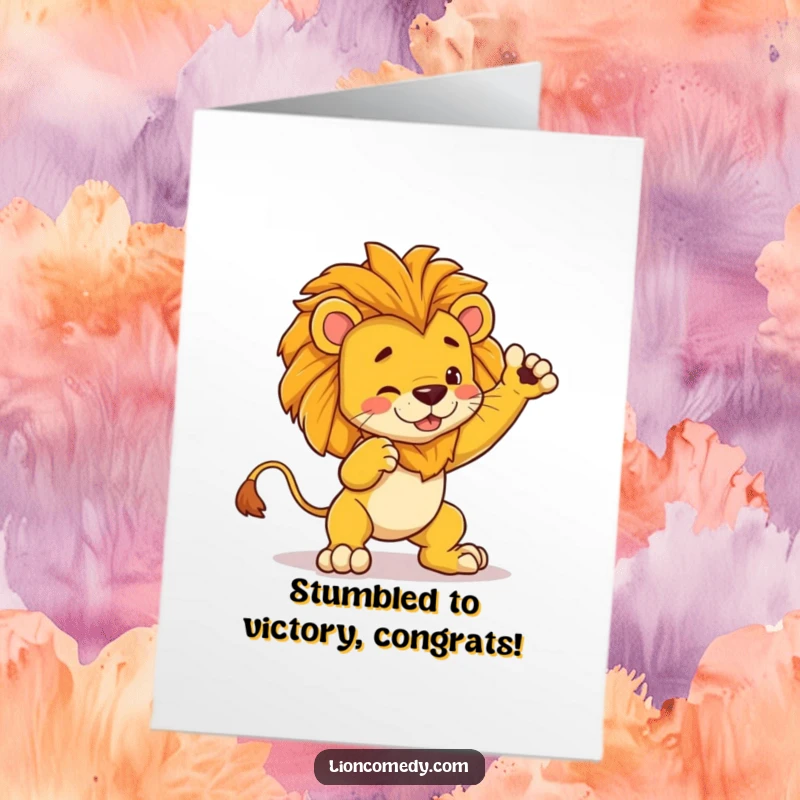 Funny Free Printable Congrats Card: A dramatic kawaii lion striking a pose then tripping, symbolizing overcoming challenges with humor.