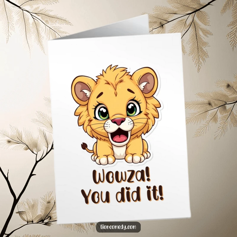Funny Free Printable Congratulations Card showing a lion cub looking utterly shocked with huge eyes and a gaping mouth.